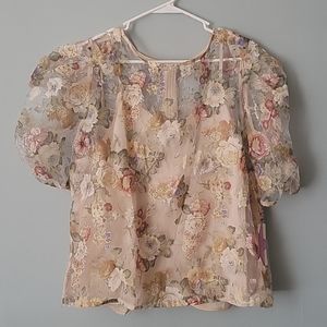 Peach Puffed Sleeve 2X Floral light Tan